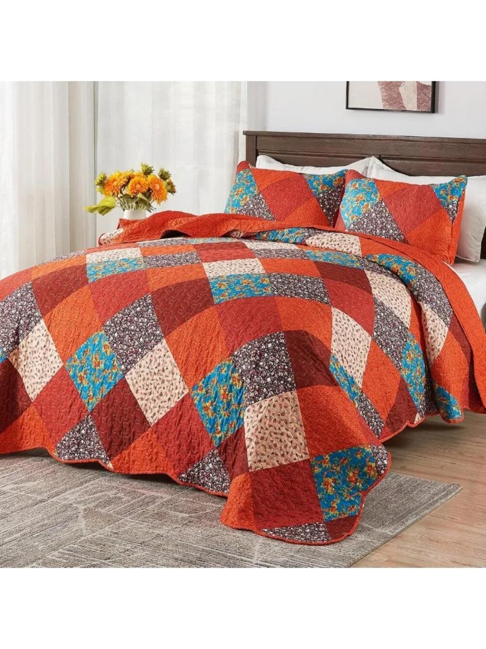 Multicolor Patchwork Twin Quilt Set - Soft Microfiber Lightweight Bedspread